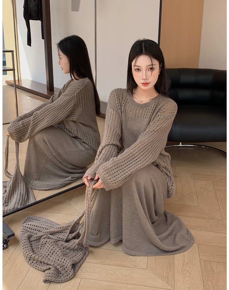 Round neck fishing net long skirt lazy sweater 3pcs set