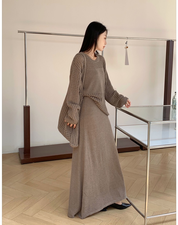 Round neck fishing net long skirt lazy sweater 3pcs set
