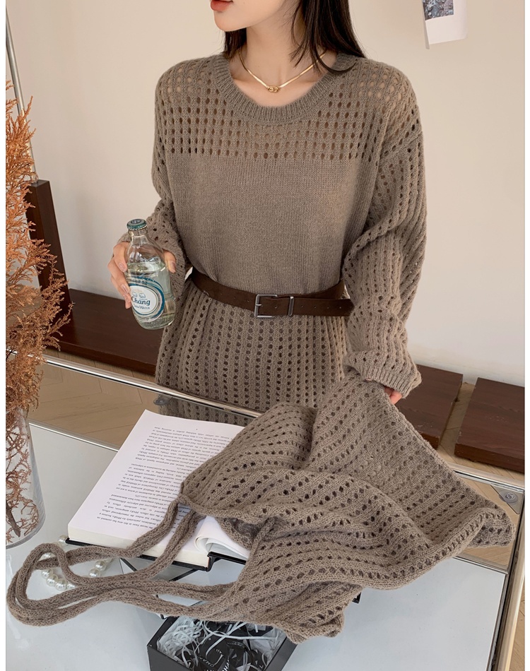 Round neck fishing net long skirt lazy sweater 3pcs set