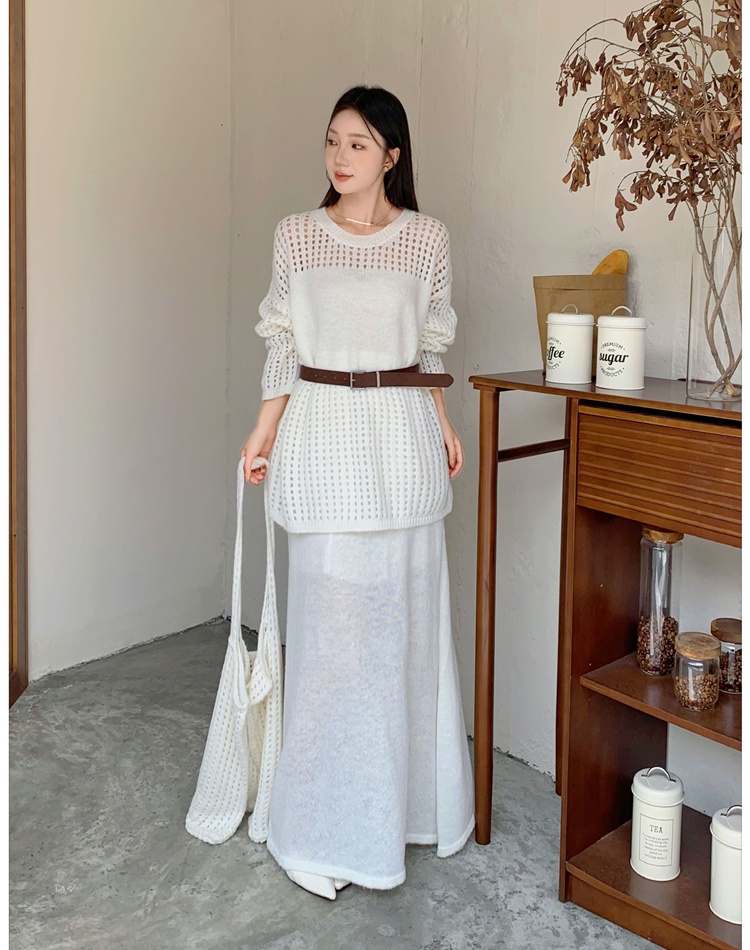 Round neck fishing net long skirt lazy sweater 3pcs set
