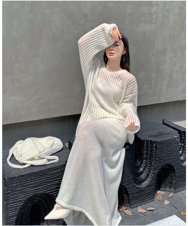 Round neck fishing net long skirt lazy sweater 3pcs set