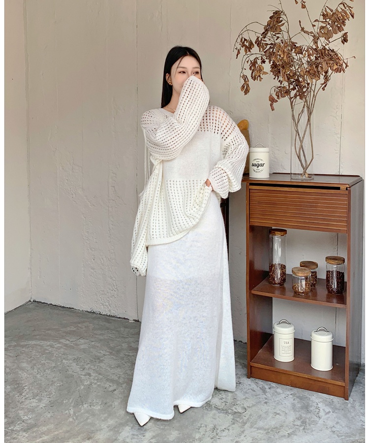 Round neck fishing net long skirt lazy sweater 3pcs set