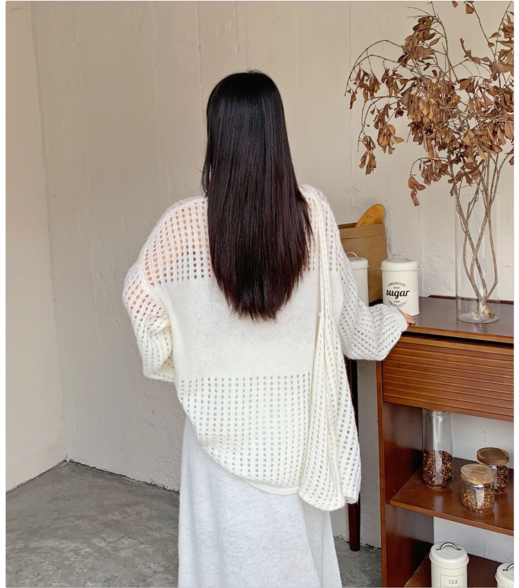 Round neck fishing net long skirt lazy sweater 3pcs set