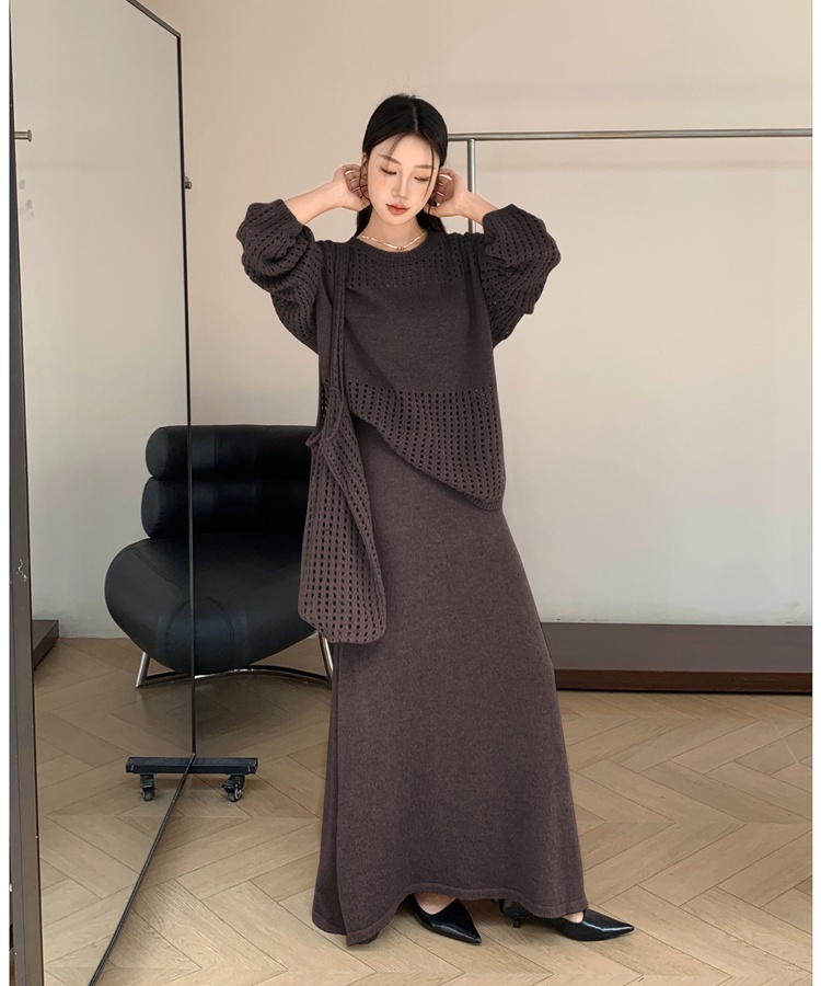 Round neck fishing net long skirt lazy sweater 3pcs set