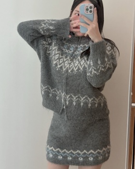 Mixed colors jacquard loose retro all-match sweater a set