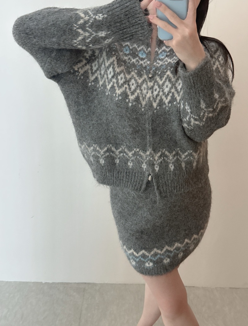 Mixed colors jacquard loose retro all-match sweater a set