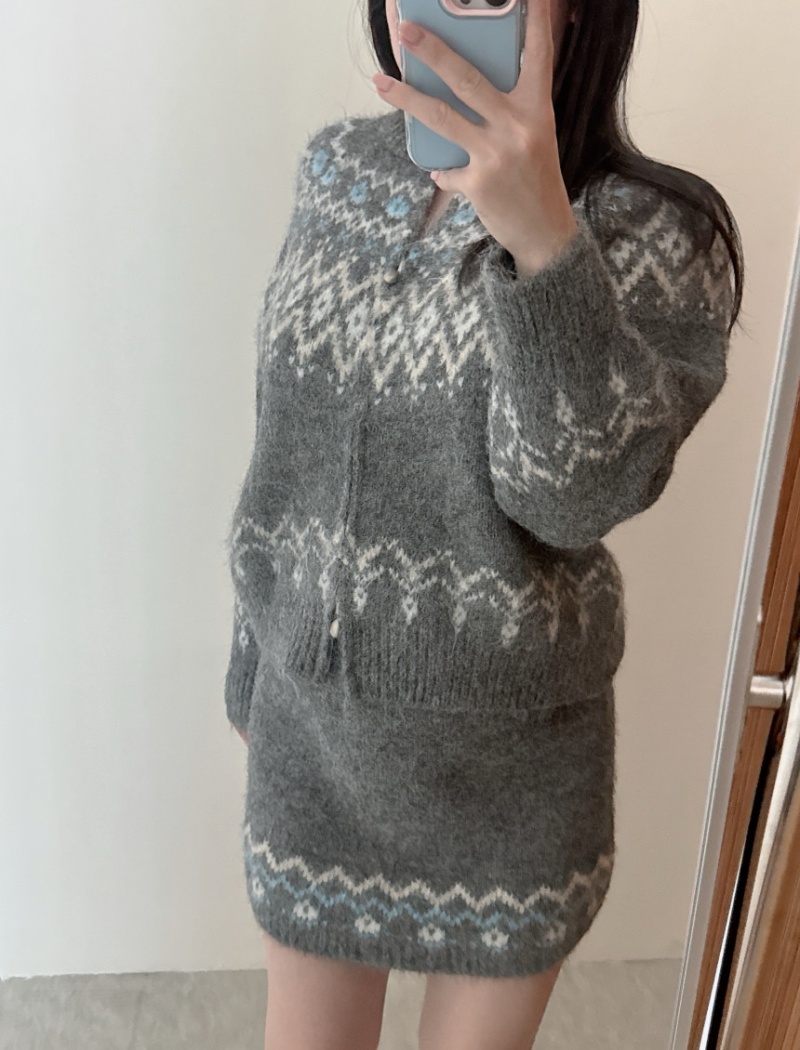 Mixed colors jacquard loose retro all-match sweater a set