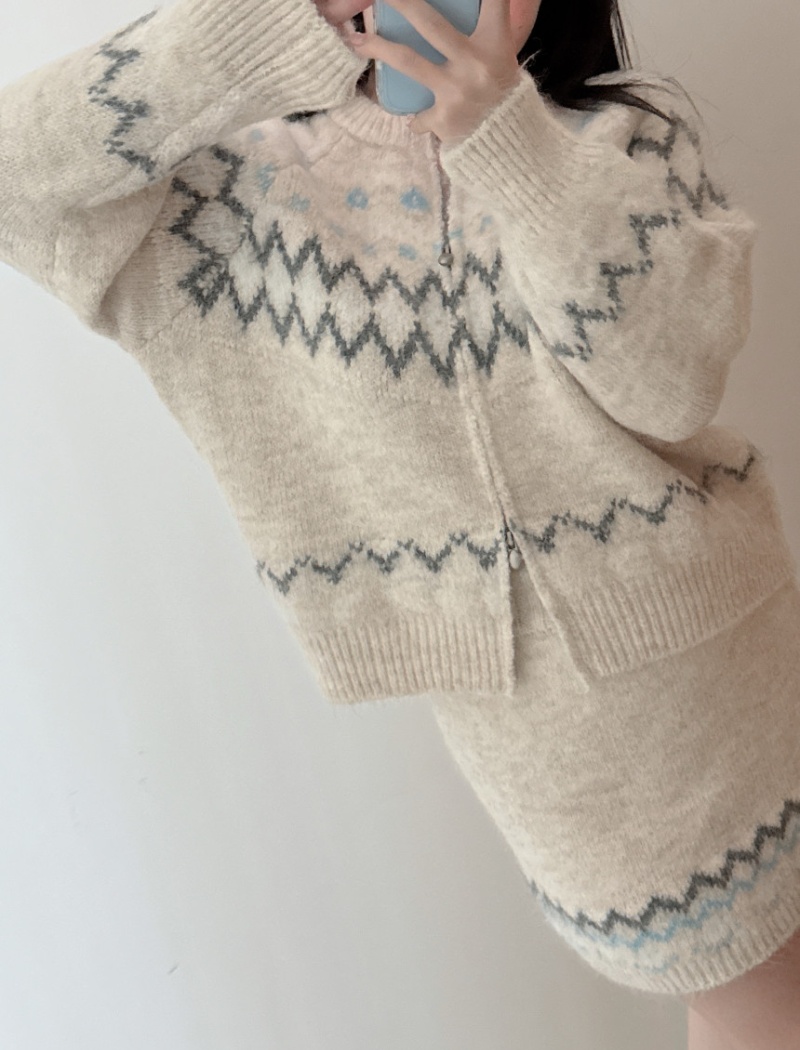 Mixed colors jacquard loose retro all-match sweater a set