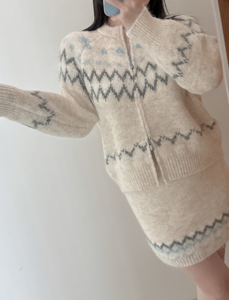 Mixed colors jacquard loose retro all-match sweater a set