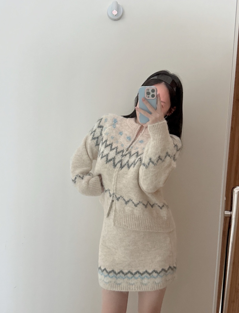 Mixed colors jacquard loose retro all-match sweater a set