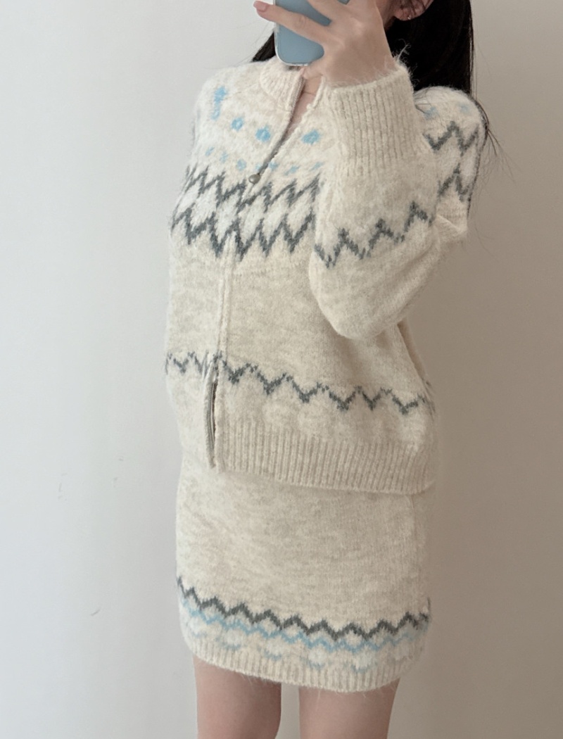 Mixed colors jacquard loose retro all-match sweater a set