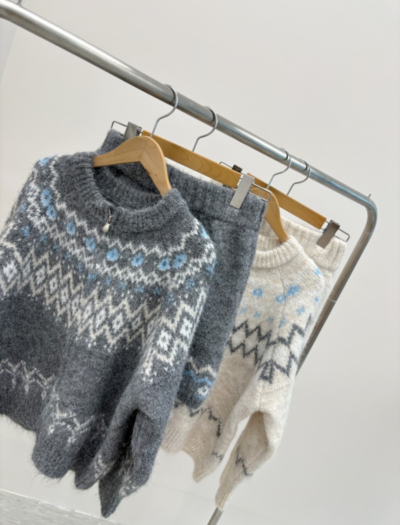 Mixed colors jacquard loose retro all-match sweater a set