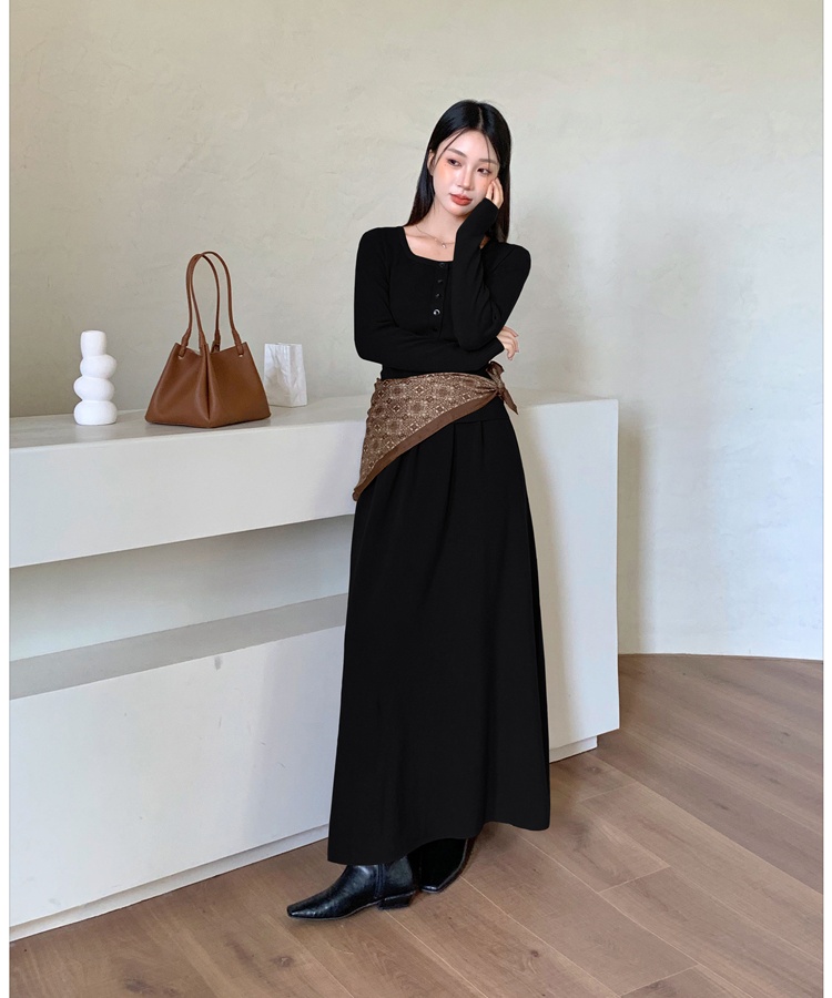 Knitted temperament tops retro long skirt a set