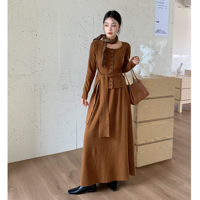 Knitted temperament tops retro long skirt a set