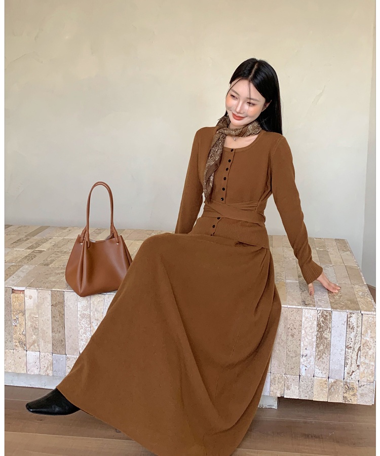 Knitted temperament tops retro long skirt a set