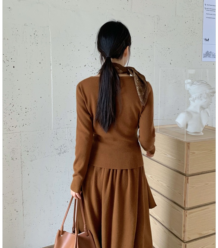 Knitted temperament tops retro long skirt a set