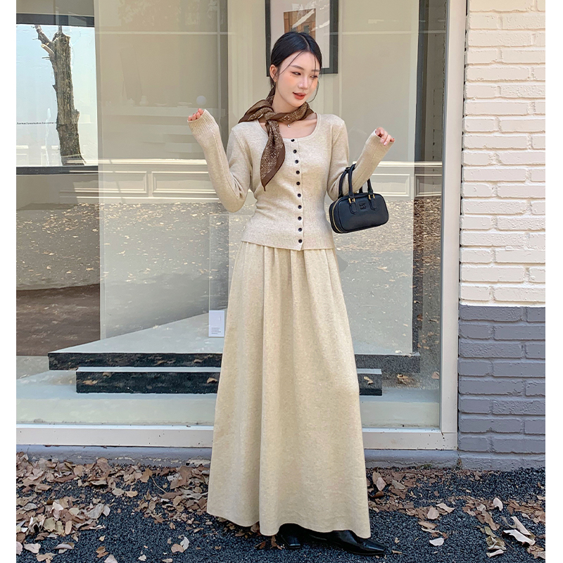 Knitted temperament tops retro long skirt a set
