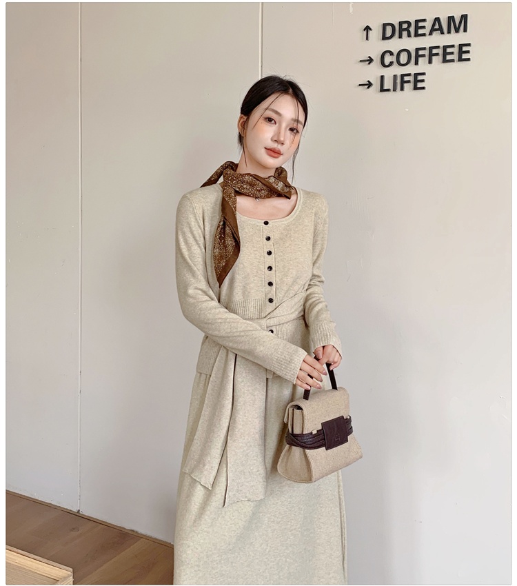 Knitted temperament tops retro long skirt a set