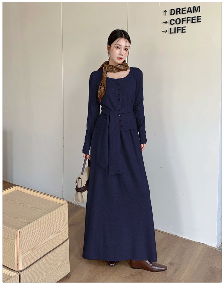Knitted temperament tops retro long skirt a set