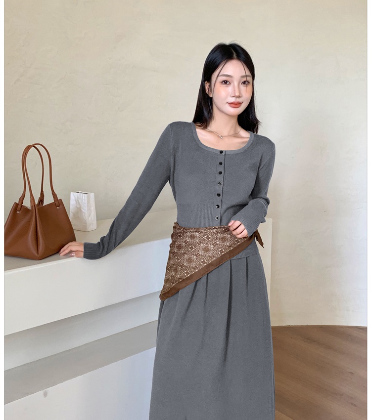 Knitted temperament tops retro long skirt a set