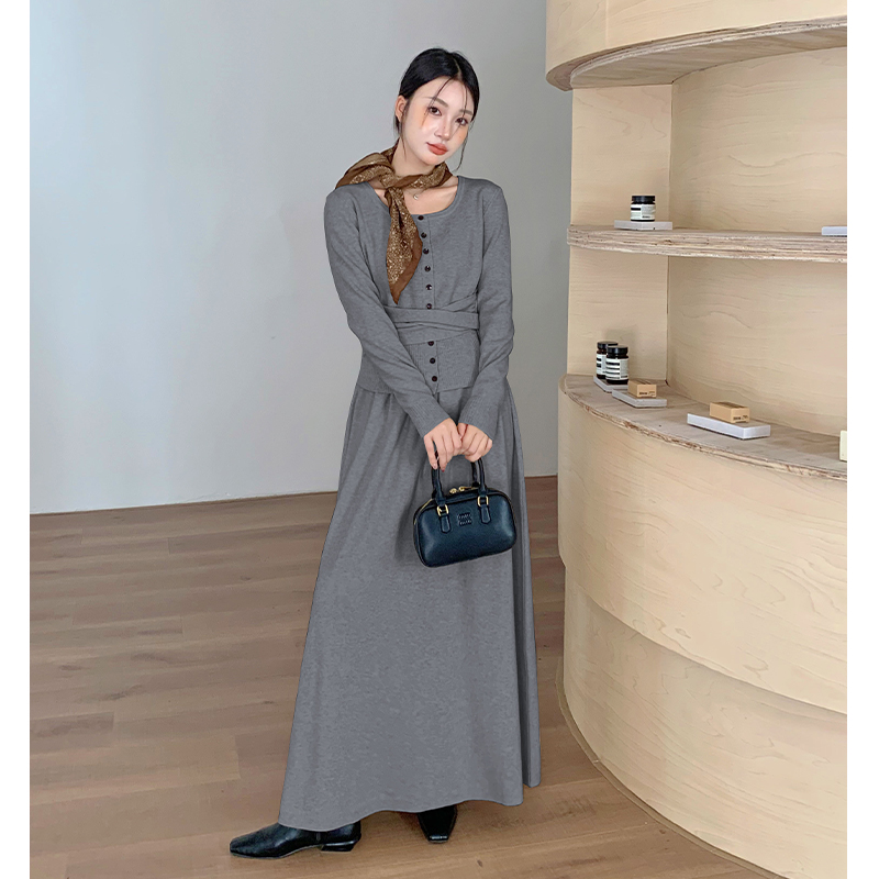 Knitted temperament tops retro long skirt a set