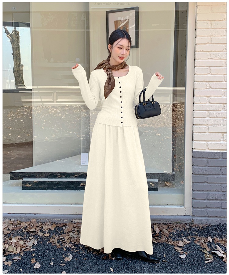 Knitted temperament tops retro long skirt a set