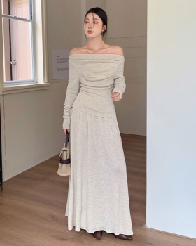 Flat shoulder fold tops knitted long skirt 2pcs set