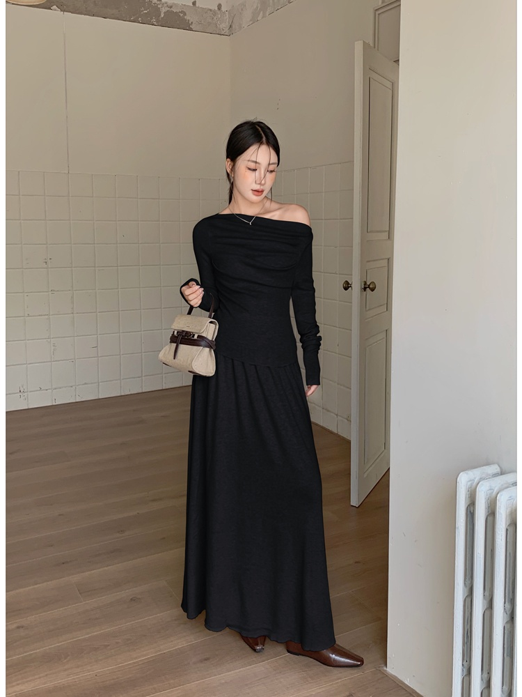 Flat shoulder fold tops knitted long skirt 2pcs set