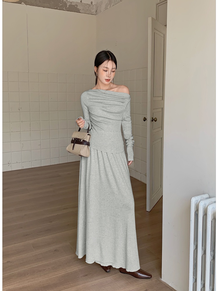 Flat shoulder fold tops knitted long skirt 2pcs set