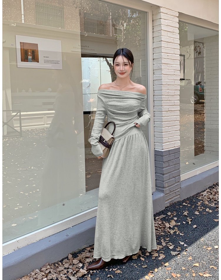 Flat shoulder fold tops knitted long skirt 2pcs set