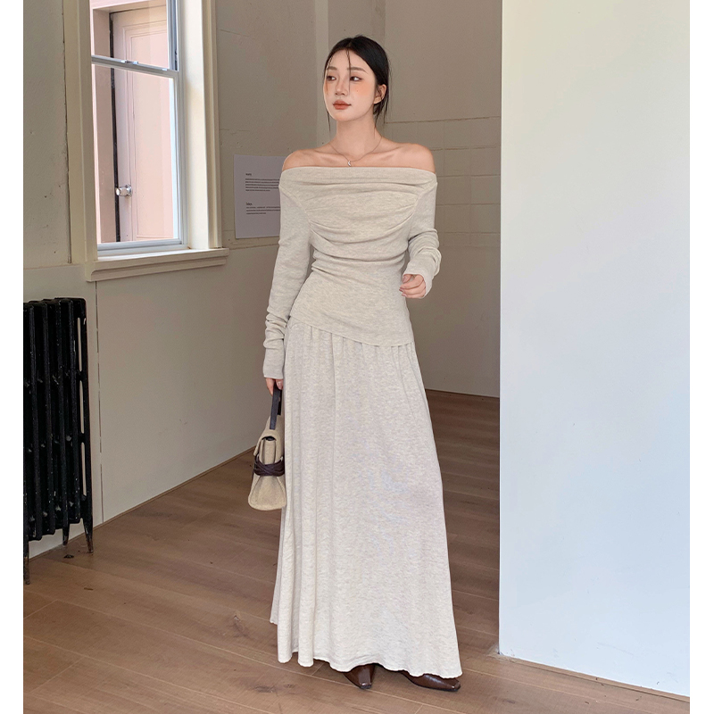 Flat shoulder fold tops knitted long skirt 2pcs set