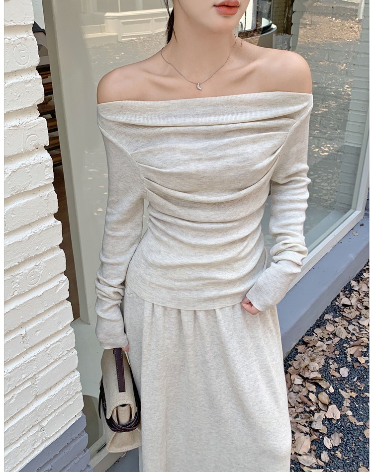 Flat shoulder fold tops knitted long skirt 2pcs set