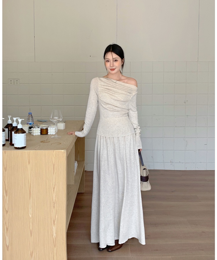 Flat shoulder fold tops knitted long skirt 2pcs set