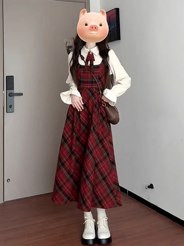 Autumn and winter dress red long dress a set for women