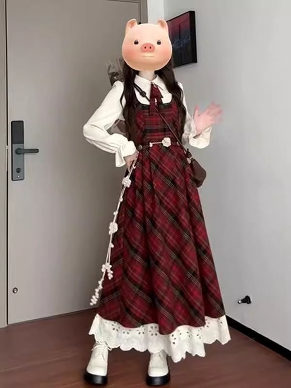 Autumn and winter dress red long dress a set for women