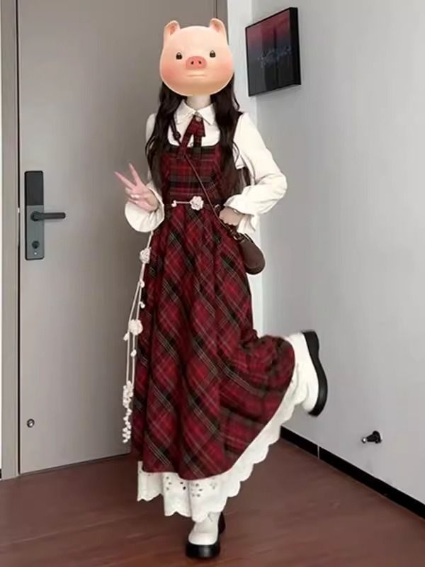 Autumn and winter dress red long dress a set for women