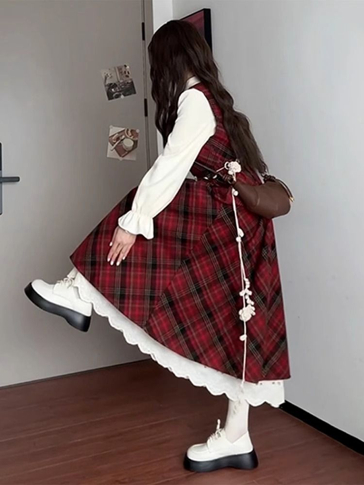 Autumn and winter dress red long dress a set for women