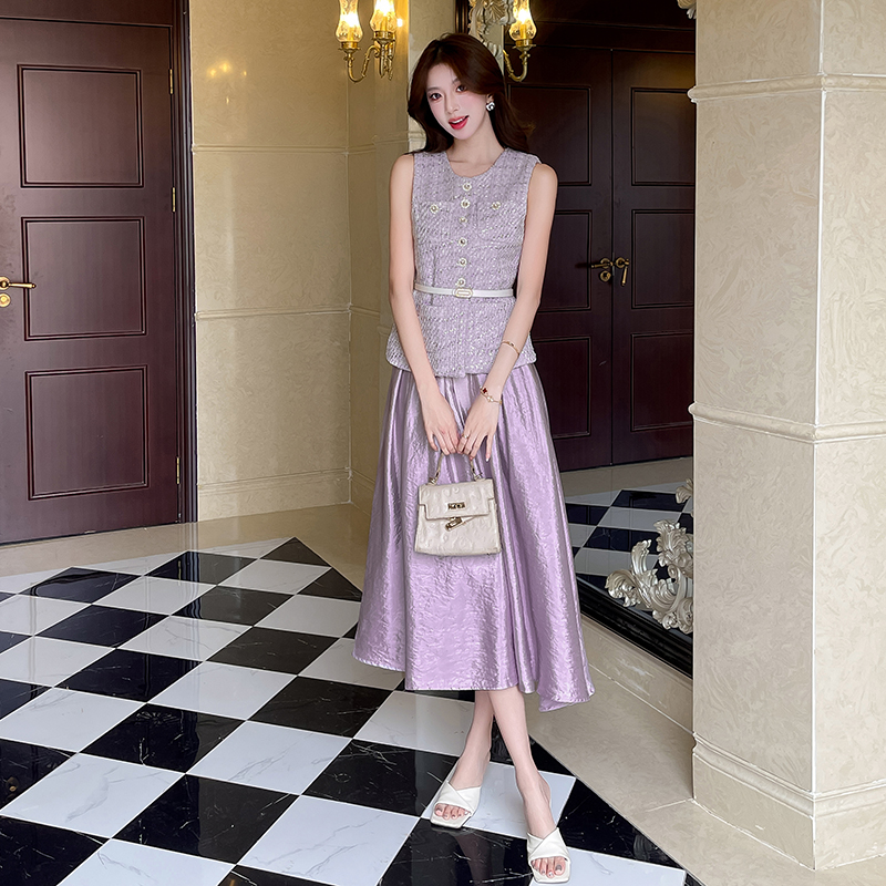 Spring purple tops chanelstyle skirt 2pcs set for women