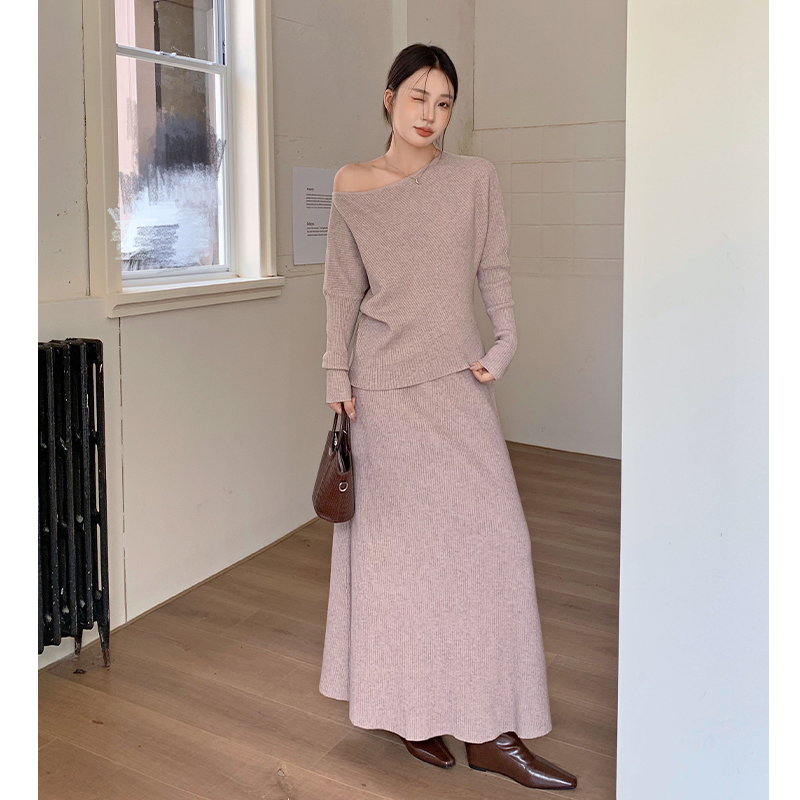 Flat shoulder lazy skirt high waist long skirt 2pcs set