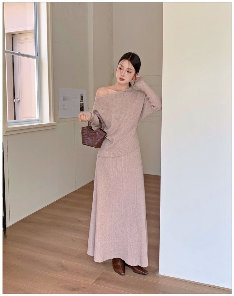 Flat shoulder lazy skirt high waist long skirt 2pcs set