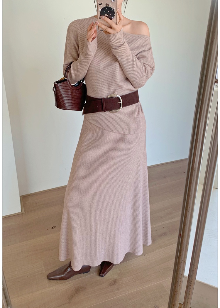 Flat shoulder lazy skirt high waist long skirt 2pcs set