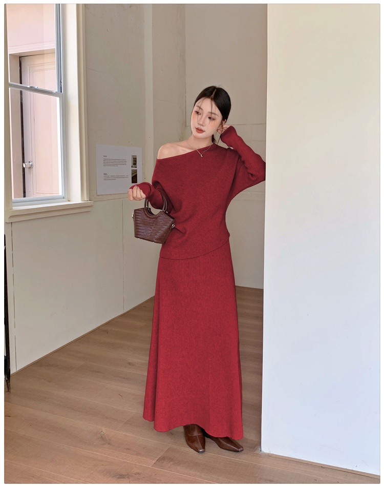 Flat shoulder lazy skirt high waist long skirt 2pcs set