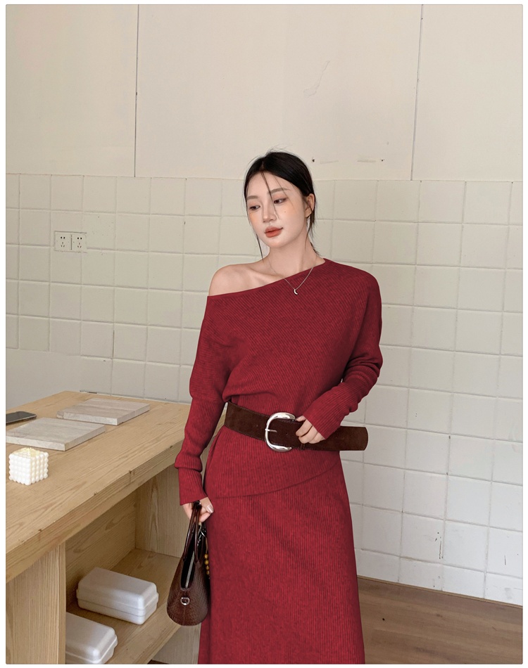 Flat shoulder lazy skirt high waist long skirt 2pcs set