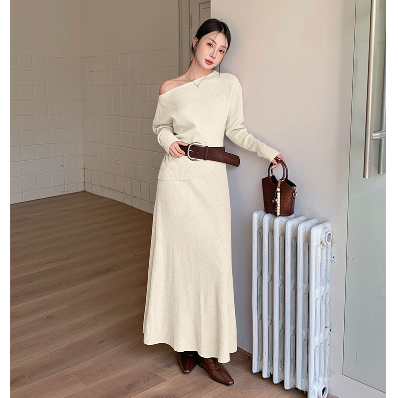 Flat shoulder lazy skirt high waist long skirt 2pcs set