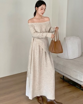 Knitted flat shoulder tops bandage long skirt 2pcs set