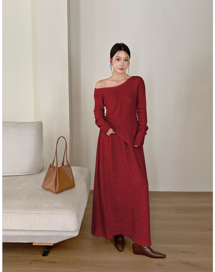 Knitted flat shoulder tops bandage long skirt 2pcs set