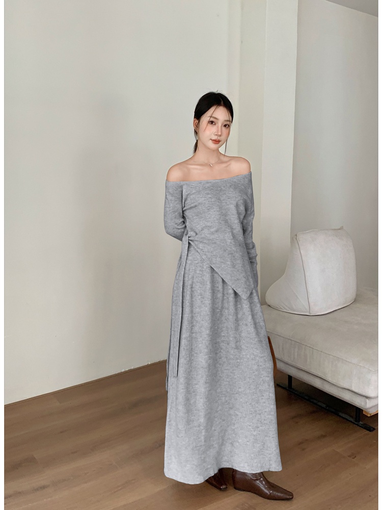 Knitted flat shoulder tops bandage long skirt 2pcs set