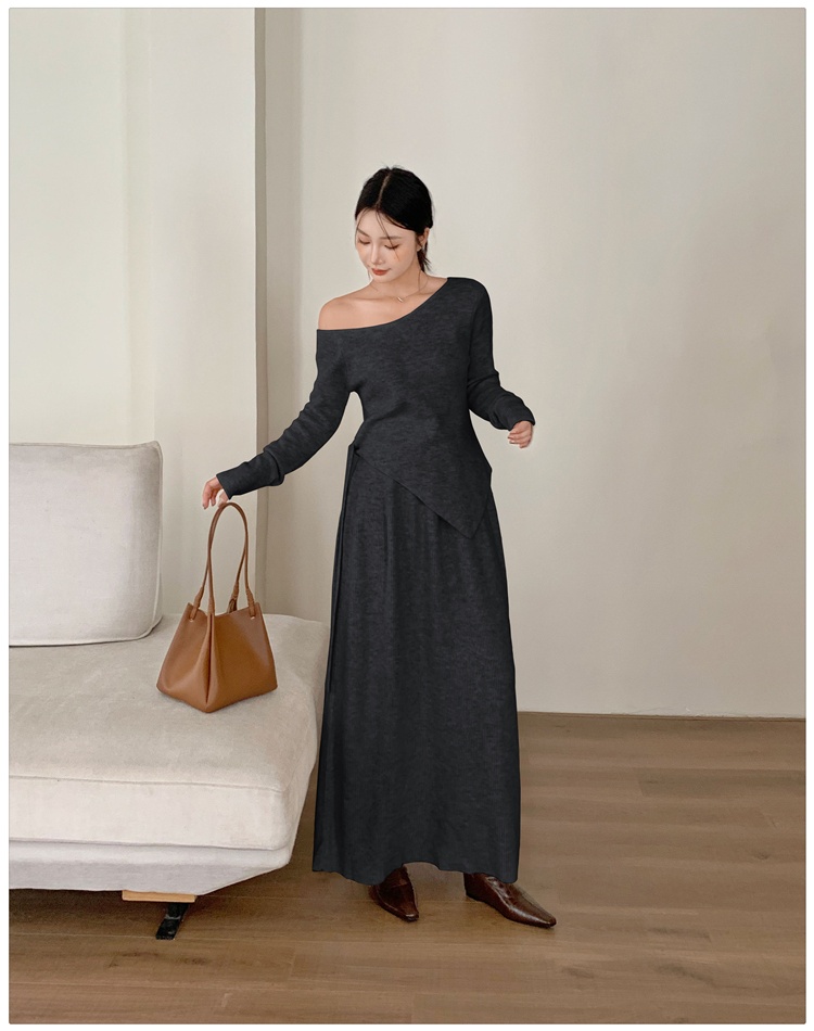 Knitted flat shoulder tops bandage long skirt 2pcs set