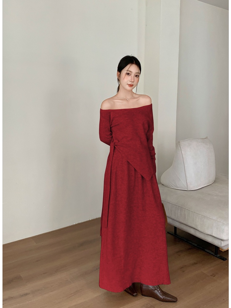 Knitted flat shoulder tops bandage long skirt 2pcs set