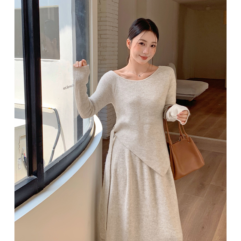 Knitted flat shoulder tops bandage long skirt 2pcs set